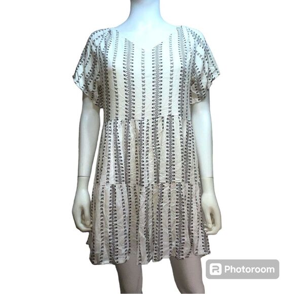 Pink Lily Babydoll Boho Pattern Tiered Mini Dress Black and White Women's Size S - Picture 1 of 10
